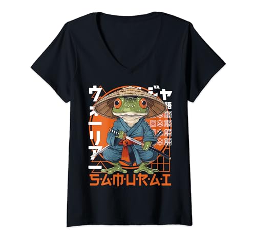 Damen Japanischer Samurai-Froschkrieger Ukiyo Kröte Sensei Samurai T-Shirt mit V-Ausschnitt Damen Japanischer Samurai-Froschkrieger Ukiyo Kröte Sensei Samurai T-Shirt mit V-Ausschnitt von Japanese Ukiyo-e Samurai Frog Warriors