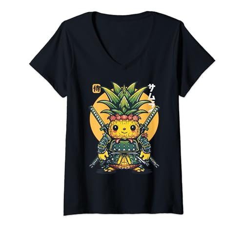 Damen Japanischer Samurai-Ananas-Krieger Ukiyo Sensei Samurai T-Shirt mit V-Ausschnitt Damen Japanischer Samurai-Ananas-Krieger Ukiyo Sensei Samurai T-Shirt mit V-Ausschnitt von Japanese Ukiyo-e Samurai Pineapple Warriors