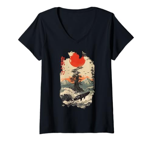 Damen Japan Retro 80er 90er in japanischer Kirschblüten Vaporwave T-Shirt mit V-Ausschnitt Damen Japan Retro 80er 90er in japanischer Kirschblüten Vaporwave T-Shirt mit V-Ausschnitt von Japanese Vaporwave 80's 90's Aesthetic Clothes