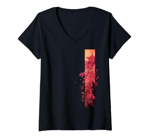Damen Japan Retro 80er 90er mit Japanische Kirschblüte Vaporwave T-Shirt mit V-Ausschnitt von Japanese Vaporwave 80's 90's Aesthetic Clothes