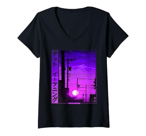 Damen Japan Retro Vibes Vaporwave im Retro Lofi Tokyo Streetwear T-Shirt mit V-Ausschnitt Damen Japan Retro Vibes Vaporwave im Retro Lofi Tokyo Streetwear T-Shirt mit V-Ausschnitt von Japanese Vaporwave 80's 90's Aesthetic Clothes