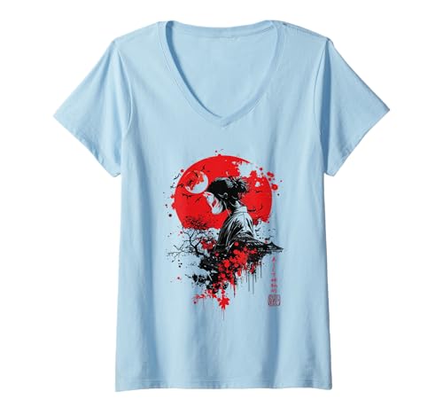 Damen Japanischer Kitsune Fuchs in Tokio Japan Retro Vaporwave T-Shirt mit V-Ausschnitt von Japanese Vaporwave 80's 90's Aesthetic Clothes