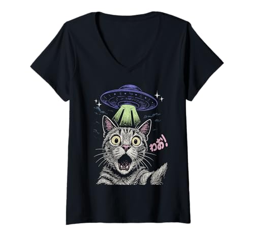 Damen Katze Selfie Alien UFO Vintage Japanisch Ästhetik Lustig Retro T-Shirt mit V-Ausschnitt von Japanese Vintage Funny Cat Selfie UFO Cats lover