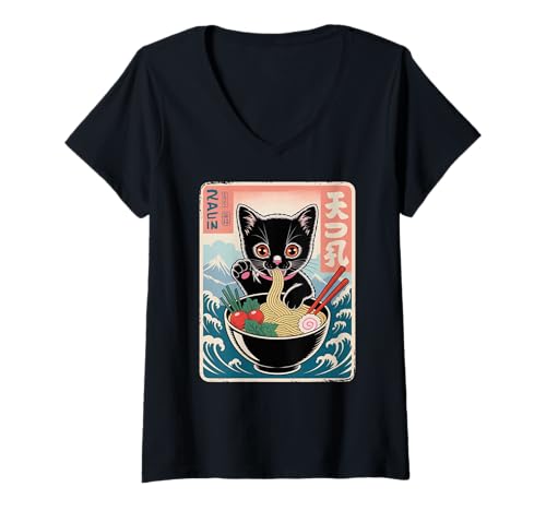 Damen Ramen Noodle Japanese Anime Manga Ramen Kawaii Cat T-Shirt mit V-Ausschnitt von Japanese Vintage Kawaii Cat Ramen Anime Clothing.