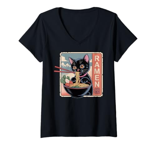 Damen Ramen Noodle Japanese Anime Manga Ramen Kawaii Cat T-Shirt mit V-Ausschnitt Damen Ramen Noodle Japanese Anime Manga Ramen Kawaii Cat T-Shirt mit V-Ausschnitt von Japanese Vintage Kawaii Cat Ramen Anime Clothing.