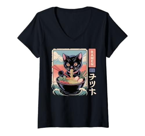 Damen Ramen Noodle Japanese Anime Manga Ramen Kawaii Cat T-Shirt mit V-Ausschnitt von Japanese Vintage Kawaii Cat Ramen Anime Clothing.
