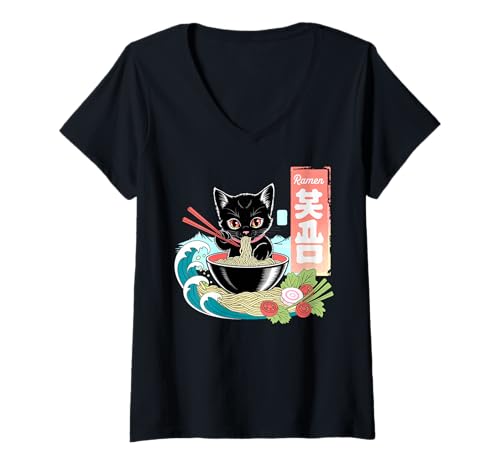 Damen Ramen Noodle Japanese Anime Manga Ramen Kawaii Cat T-Shirt mit V-Ausschnitt Damen Ramen Noodle Japanese Anime Manga Ramen Kawaii Cat T-Shirt mit V-Ausschnitt von Japanese Vintage Kawaii Cat Ramen Anime Clothing.