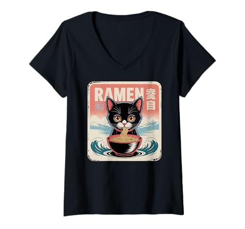 Damen Ramen Noodle Japanese Anime Manga Ramen Kawaii Cat T-Shirt mit V-Ausschnitt Damen Ramen Noodle Japanese Anime Manga Ramen Kawaii Cat T-Shirt mit V-Ausschnitt von Japanese Vintage Kawaii Cat Ramen Anime Clothing.