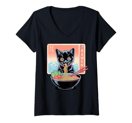 Damen Ramen Noodle Japanese Anime Manga Ramen Kawaii Cat T-Shirt mit V-Ausschnitt Damen Ramen Noodle Japanese Anime Manga Ramen Kawaii Cat T-Shirt mit V-Ausschnitt von Japanese Vintage Kawaii Cat Ramen Anime Clothing.