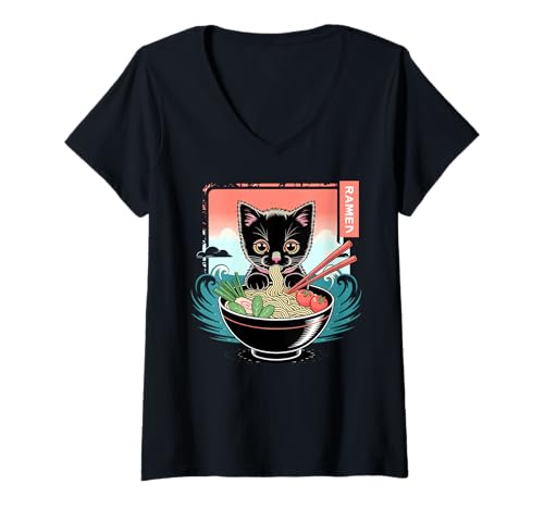 Damen Ramen Noodle Japanese Anime Manga Ramen Kawaii Cat T-Shirt mit V-Ausschnitt von Japanese Vintage Kawaii Cat Ramen Anime Clothing.