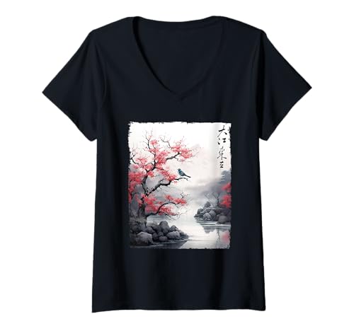Damen Vintage Kirschblüte Holzschnitt Kunst Japanische Grafik T-Shirt mit V-Ausschnitt Damen Vintage Kirschblüte Holzschnitt Kunst Japanische Grafik T-Shirt mit V-Ausschnitt von Japanese Vintage Outfits