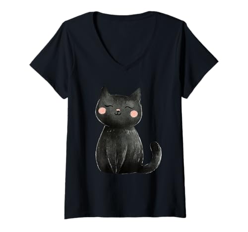 Damen Kawaii Black Cat Kitten Japanese Watercolor T-Shirt mit V-Ausschnitt von Japanese Watercolor Cat Lover Apparel