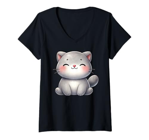 Damen Kawaii Cat Kitten Japanese Watercolor T-Shirt mit V-Ausschnitt von Japanese Watercolor Cat Lover Apparel