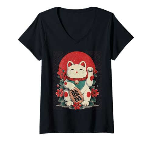 Damen Lucky Cat Maneki Neko Japanische Vintage Retro Sonne T-Shirt mit V-Ausschnitt Damen Lucky Cat Maneki Neko Japanische Vintage Retro Sonne T-Shirt mit V-Ausschnitt von Japanese Woodblock Art & Apparel