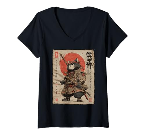 Damen Samurai Katze Japan Woodblock Warrior Vintage Chibi Art T-Shirt mit V-Ausschnitt Damen Samurai Katze Japan Woodblock Warrior Vintage Chibi Art T-Shirt mit V-Ausschnitt von Japanese Woodblock Art & Apparel