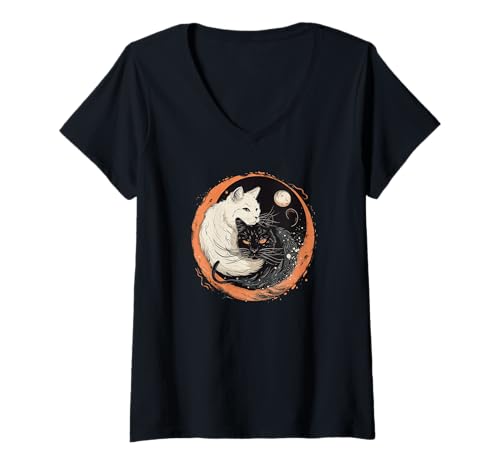 Damen Japanische Yin-Yang-Katzen mit himmlischen Elementen Kunst T-Shirt mit V-Ausschnitt Damen Japanische Yin-Yang-Katzen mit himmlischen Elementen Kunst T-Shirt mit V-Ausschnitt von Japanese Yin Yang Cats art