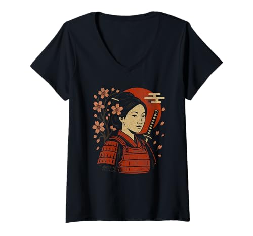 Damen Onna bugeisha weibliche kriegerin Samurai Cherry Blossom japanisch T-Shirt mit V-Ausschnitt von Japanese art graphic clothing