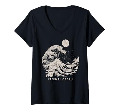 Damen Japanischer ewiger Ozean, die große Welle vor Kanagawa, japanische Kunst T-Shirt mit V-Ausschnitt Damen Japanischer ewiger Ozean, die große Welle vor Kanagawa, japanische Kunst T-Shirt mit V-Ausschnitt von Japanese graphic apparels