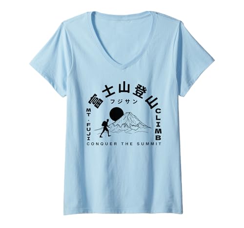 Damen Mt. Fuji Climb Adventure Japanisches Kanji Outdoor-Abenteuer T-Shirt mit V-Ausschnitt Damen Mt. Fuji Climb Adventure Japanisches Kanji Outdoor-Abenteuer T-Shirt mit V-Ausschnitt von Japanese graphic apparels