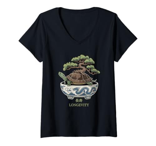 Damen Schildkröte Langlebigkeit Japanische Mythologie Drache Bonsai Symbolik T-Shirt mit V-Ausschnitt Damen Schildkröte Langlebigkeit Japanische Mythologie Drache Bonsai Symbolik T-Shirt mit V-Ausschnitt von Japanese graphic apparels