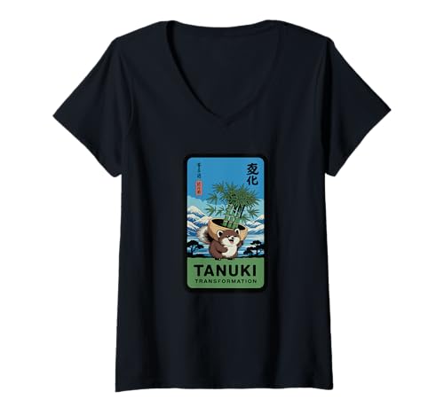 Damen Tanuki Transformation Japanische Folklore Bambus Bonsai Mount T-Shirt mit V-Ausschnitt Damen Tanuki Transformation Japanische Folklore Bambus Bonsai Mount T-Shirt mit V-Ausschnitt von Japanese graphic apparels
