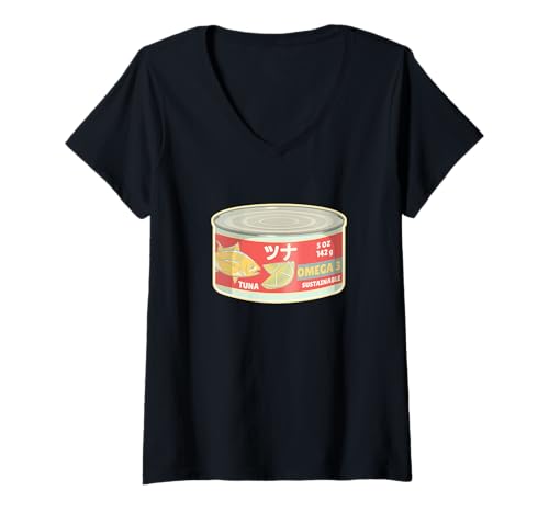 Damen Dose Thunfisch Japanischer Text Dose Fisch aus der Dose T-Shirt mit V-Ausschnitt Damen Dose Thunfisch Japanischer Text Dose Fisch aus der Dose T-Shirt mit V-Ausschnitt von Japanese text designs by Early Kirky