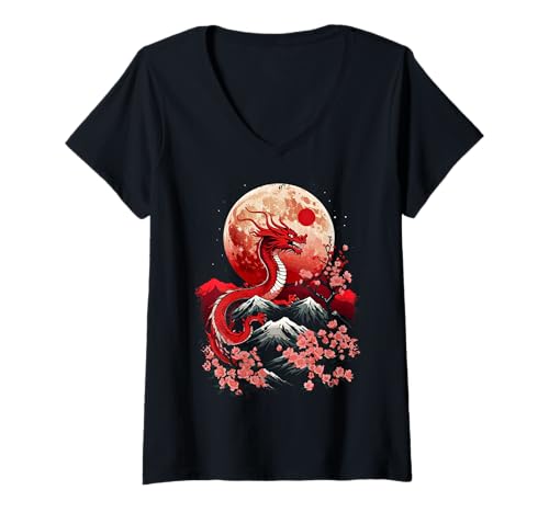 Damen Ästhetischer japanischer Drache Asiatischer japanischer Kirschblütendrache T-Shirt mit V-Ausschnitt Damen Ästhetischer japanischer Drache Asiatischer japanischer Kirschblütendrache T-Shirt mit V-Ausschnitt von Japanese & Chinese Dragon Asian Culture Ajeli