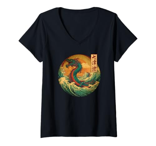 Damen Japanischer Drache Die große Welle vor Kanagawa Kanji Japan Kunst T-Shirt mit V-Ausschnitt Damen Japanischer Drache Die große Welle vor Kanagawa Kanji Japan Kunst T-Shirt mit V-Ausschnitt von Japanese vintage designs