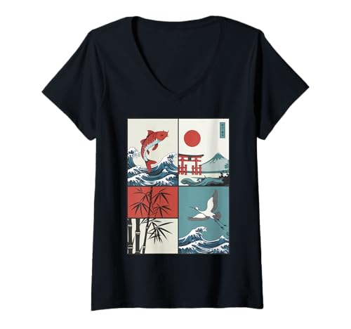 Damen Japanischer Koi-Fisch, die große Welle vor Kanagawa Kanji T-Shirt mit V-Ausschnitt von Japanese vintage designs