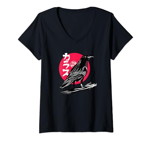 Damen Japanischer Rabe Red Sunset Kunst Spirituelle Natur T-Shirt mit V-Ausschnitt Damen Japanischer Rabe Red Sunset Kunst Spirituelle Natur T-Shirt mit V-Ausschnitt von Japanese vintage designs