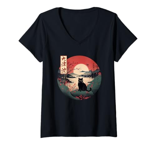 Damen Japanischer roter Sonnenuntergang und schwarze Katze Kanji Japan Kunst T-Shirt mit V-Ausschnitt Damen Japanischer roter Sonnenuntergang und schwarze Katze Kanji Japan Kunst T-Shirt mit V-Ausschnitt von Japanese vintage designs