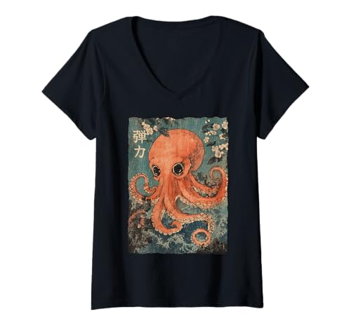Damen Oktopus und Kirschblütenbaum, japanische Holzschnittkunst T-Shirt mit V-Ausschnitt von Japanese vintage designs