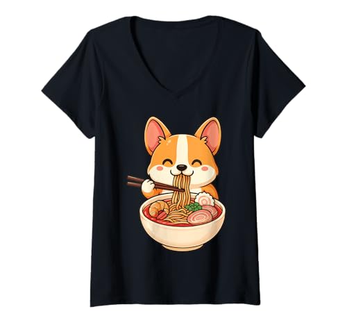 Damen Corgi Isst Ramen T-Shirt mit V-Ausschnitt Damen Corgi Isst Ramen T-Shirt mit V-Ausschnitt von Japanisch Nudeln Anime Walisischer Corgi Jahrgang
