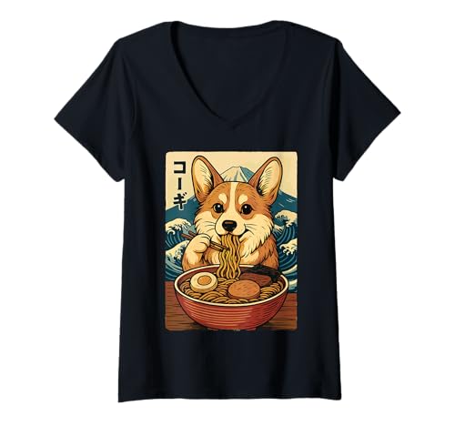 Damen Corgi Isst Ramen T-Shirt mit V-Ausschnitt Damen Corgi Isst Ramen T-Shirt mit V-Ausschnitt von Japanisch Nudeln Anime Walisischer Corgi Jahrgang