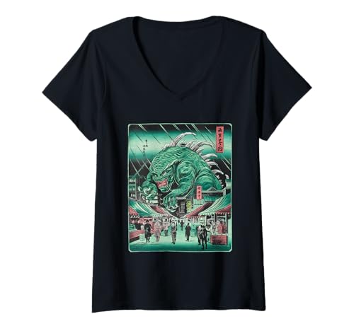 Damen Japanische Kaiju Tshirt Monster Art Men Jungen Kinder T-Shirt mit V-Ausschnitt von Japanisch Shirt Ukiyo-e Art Kaiju Monster