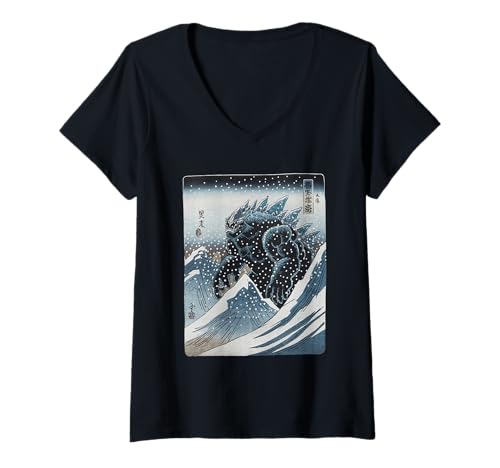 Damen Japanische Kaiju Tshirt Monster Art Men Jungen Kinder T-Shirt mit V-Ausschnitt von Japanisch Shirt Ukiyo-e Art Kaiju Monster