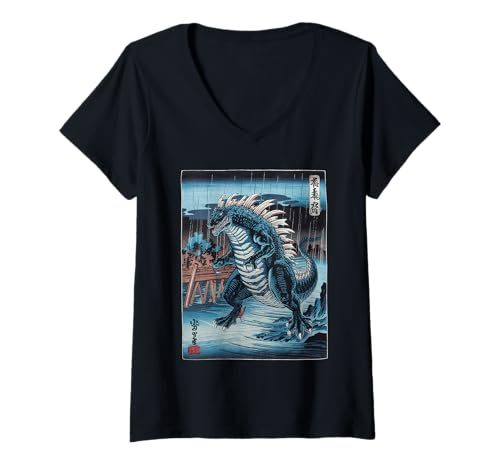 Damen Japanische Kaiju Tshirt Monster Art Men Jungen Kinder T-Shirt mit V-Ausschnitt von Japanisch Shirt Ukiyo-e Art Kaiju Monster