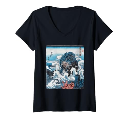 Damen Japanische Kaiju Tshirt Monster Art Men Jungen Kinder T-Shirt mit V-Ausschnitt von Japanisch Shirt Ukiyo-e Art Kaiju Monster