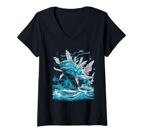 Damen Japanische Kaiju Tshirt Monster Art Men Jungen Kinder T-Shirt mit V-Ausschnitt von Japanisch Shirt Ukiyo-e Art Kaiju Monster