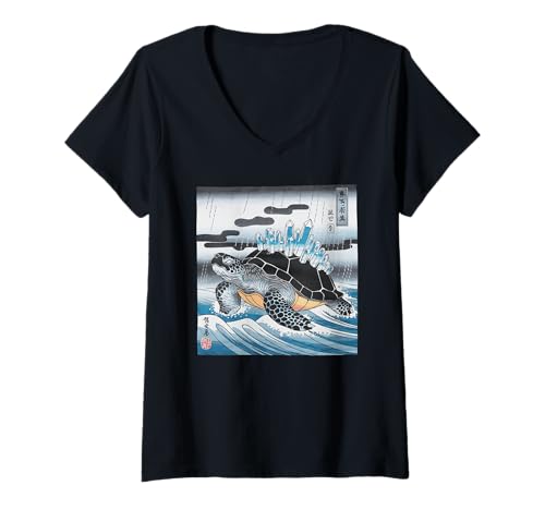 Damen Japanische Kaiju Tshirt Monster Art Men Jungen Kinder T-Shirt mit V-Ausschnitt von Japanisch Shirt Ukiyo-e Art Kaiju Monster