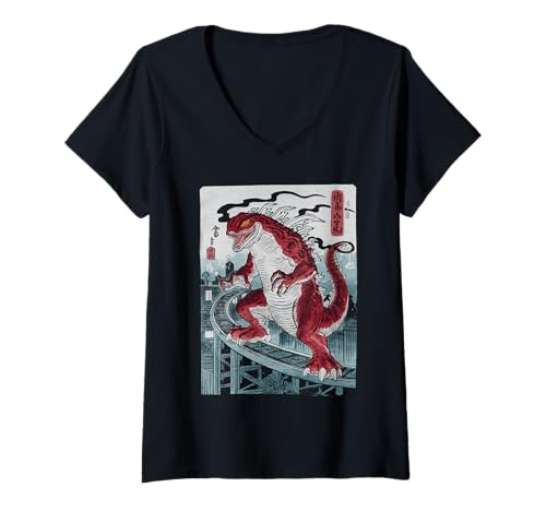 Damen Japanische Kaiju Tshirt Monster Art Men Jungen Kinder T-Shirt mit V-Ausschnitt von Japanisch Shirt Ukiyo-e Art Kaiju Monster