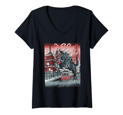 Damen Japanische Kaiju Tshirt Monster Art Men Jungen Kinder T-Shirt mit V-Ausschnitt von Japanisch Shirt Ukiyo-e Art Kaiju Monster