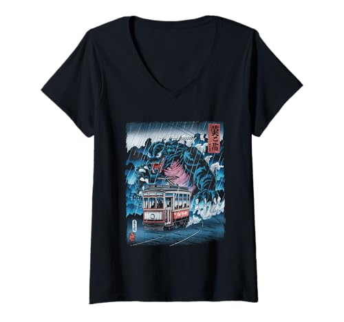 Damen Japanische Kaiju Tshirt Monster Art Men Jungen Kinder T-Shirt mit V-Ausschnitt von Japanisch Shirt Ukiyo-e Art Kaiju Monster