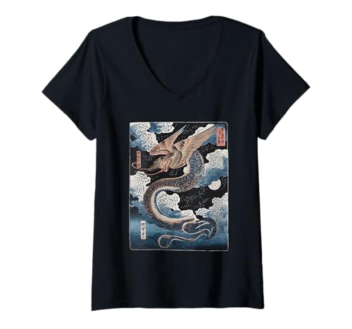 Damen Japanische Kaiju Tshirt Monster Art Men Jungen Kinder T-Shirt mit V-Ausschnitt von Japanisch Shirt Ukiyo-e Art Kaiju Monster