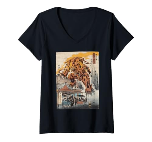 Damen Japanische Kaiju Tshirt Monster Art Men Jungen Kinder T-Shirt mit V-Ausschnitt von Japanisch Shirt Ukiyo-e Art Kaiju Monster