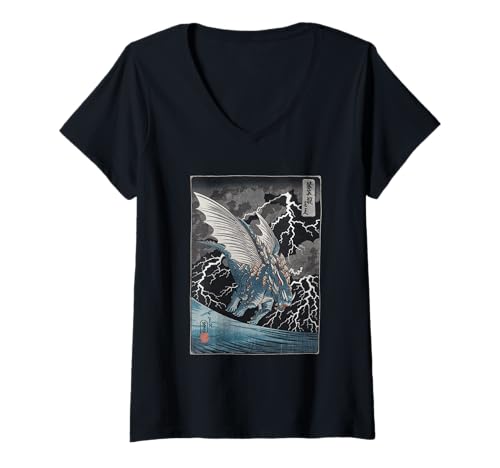 Damen Japanische Kaiju Tshirt Monster Art Men Jungen Kinder T-Shirt mit V-Ausschnitt von Japanisch Shirt Ukiyo-e Art Kaiju Monster