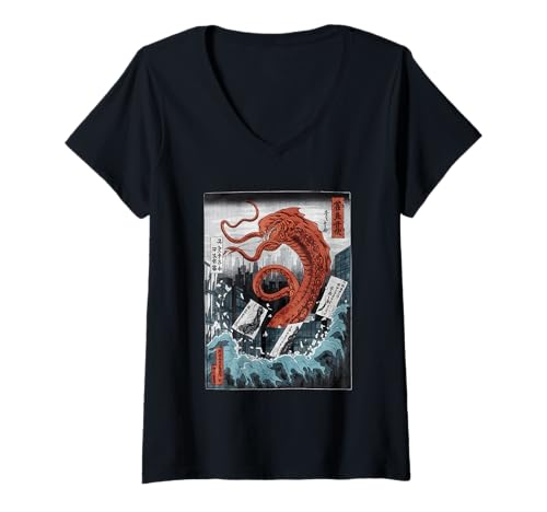 Damen Japanische Kaiju Tshirt Monster Art Men Jungen Kinder T-Shirt mit V-Ausschnitt von Japanisch Shirt Ukiyo-e Art Kaiju Monster