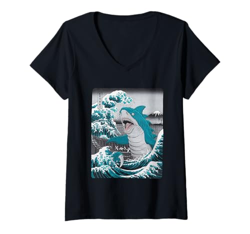Damen Japanische Kaiju Tshirt Monster Art Men Jungen Kinder T-Shirt mit V-Ausschnitt von Japanisch Shirt Ukiyo-e Art Kaiju Monster