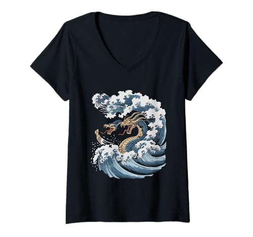 Damen Japanische Kaiju Tshirt Monster Art Men Jungen Kinder T-Shirt mit V-Ausschnitt von Japanisch Shirt Ukiyo-e Art Kaiju Monster
