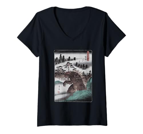 Damen Japanische Kaiju Tshirt Monster Art Men Jungen Kinder T-Shirt mit V-Ausschnitt von Japanisch Shirt Ukiyo-e Art Kaiju Monster
